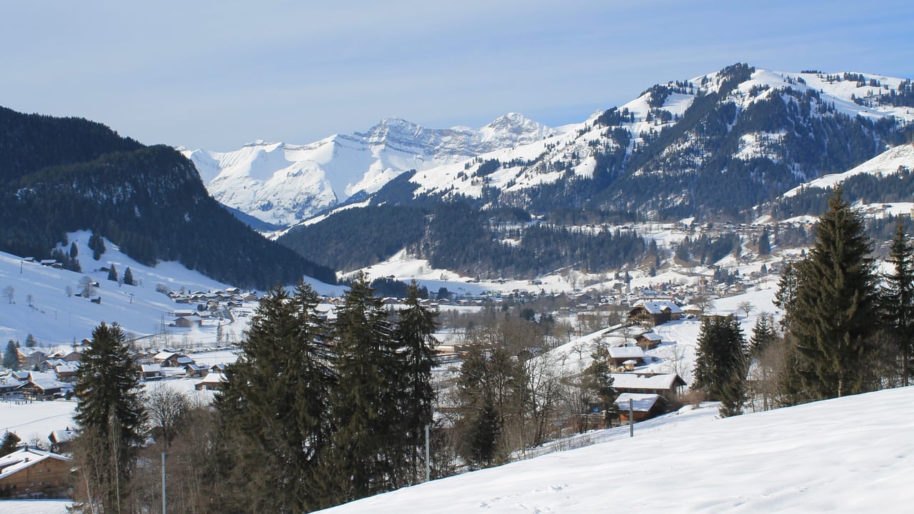 Snow covered mountain peaks rising above a small alpine village in the valley below, evergreen trees in the foreground, no people in frame