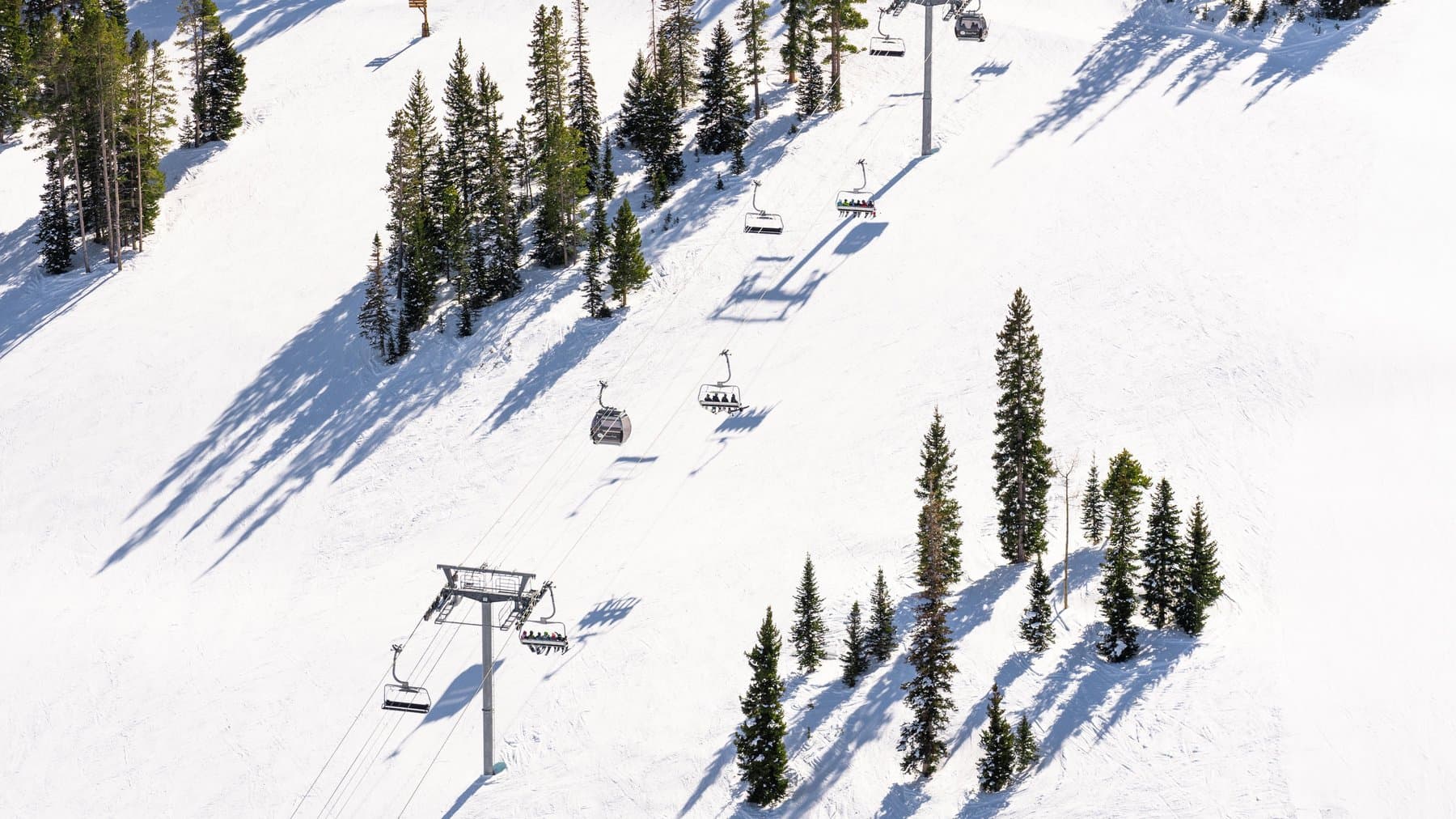 A chairlift over a snowy slope dotted with pines, seen from above