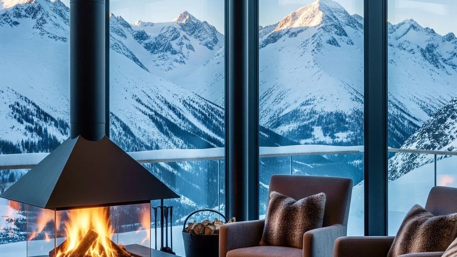 A fire burning by tall windows that look out over the lake and the snowy peaks