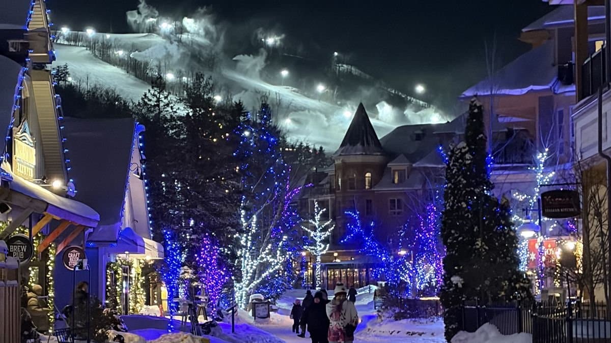 Vail Village at night, trees lit in blue and the slopes lit above
