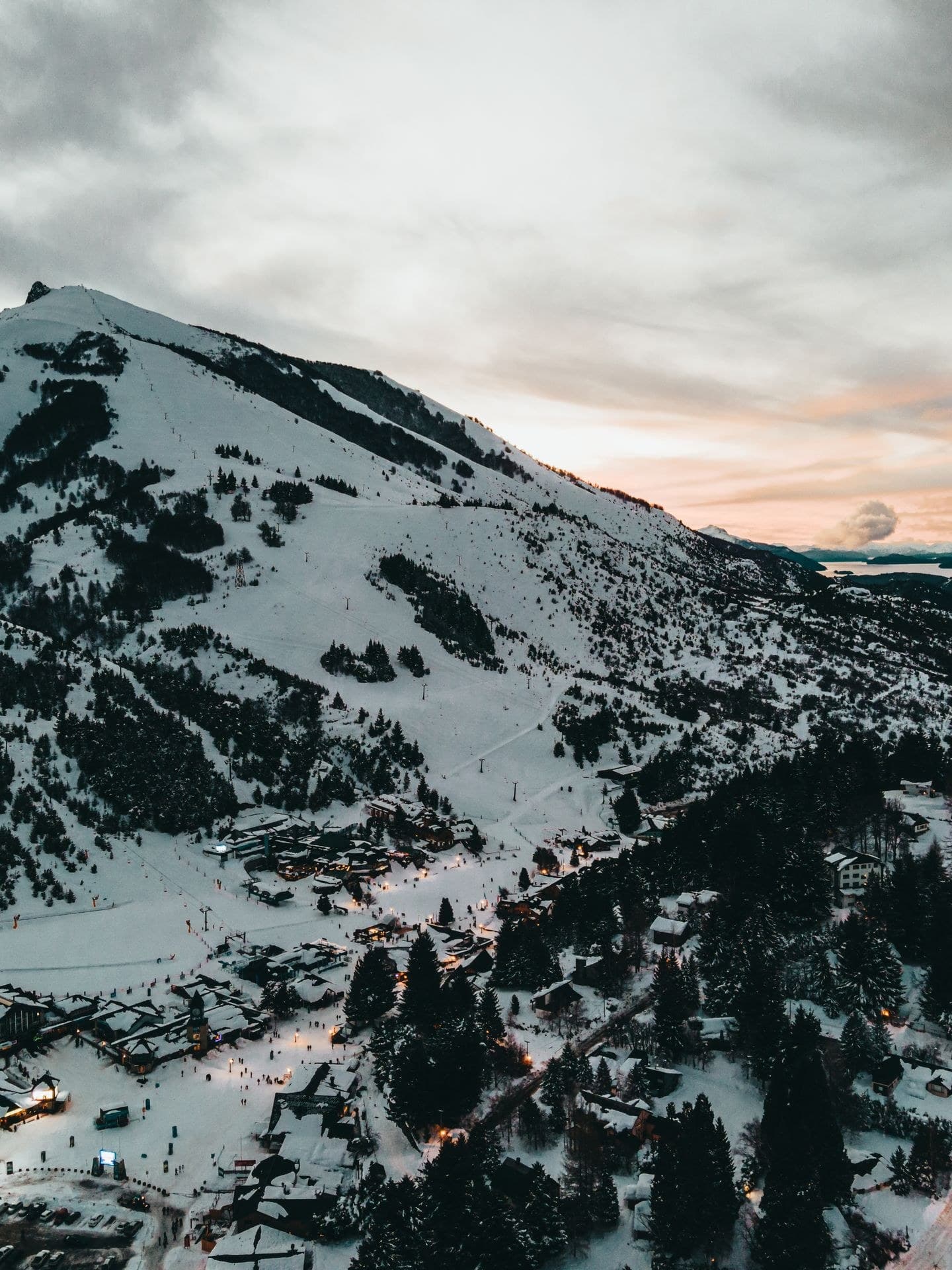 Cerro Catedral under snow at dusk, above Bariloche