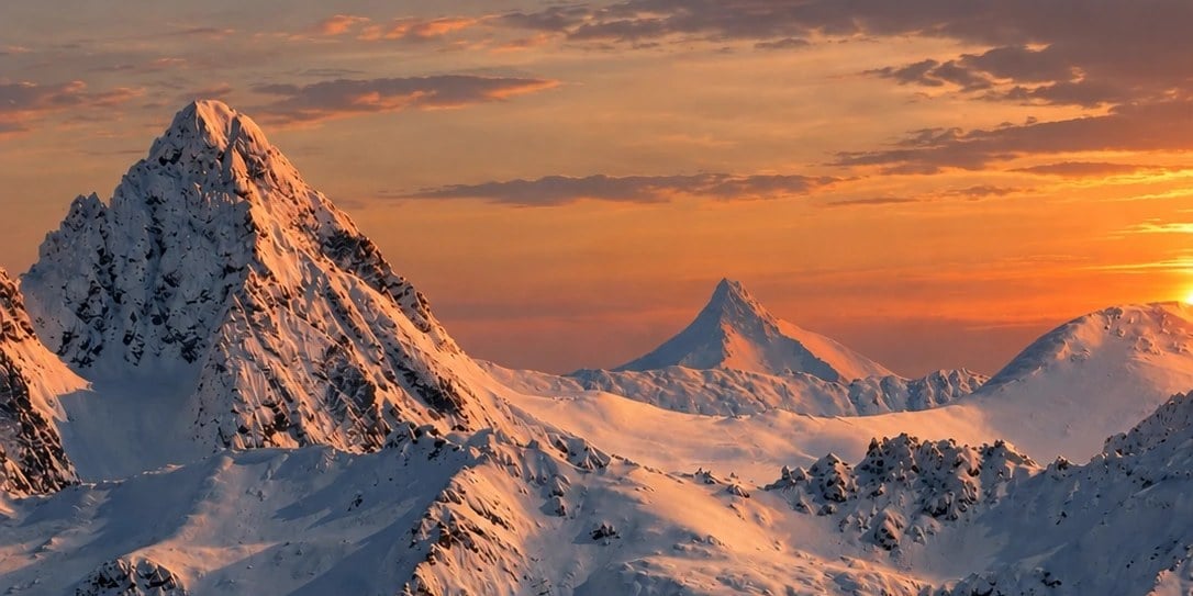 Snow covered peaks at sunset